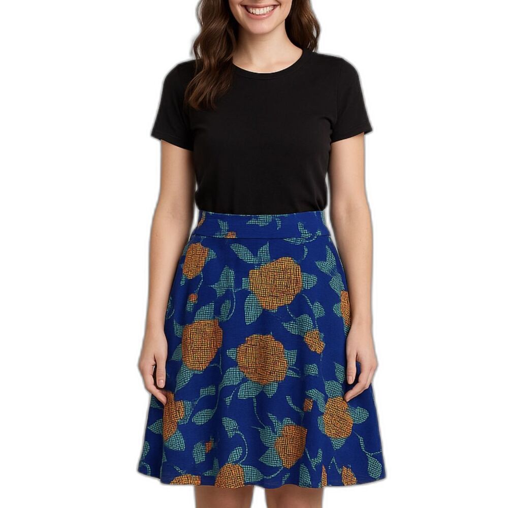 NWT LuLaRoe AZURE Skirt A-Line Blue With Orange Pixel Roses | S